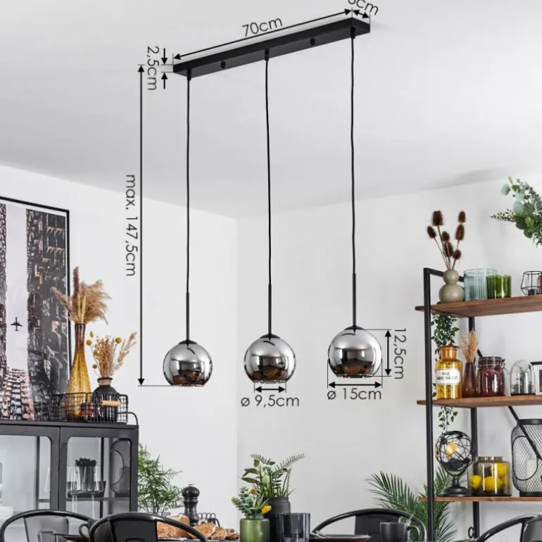 Suspension Verre 15 cm Koyoto Chrome, Fumé, 3 lumières