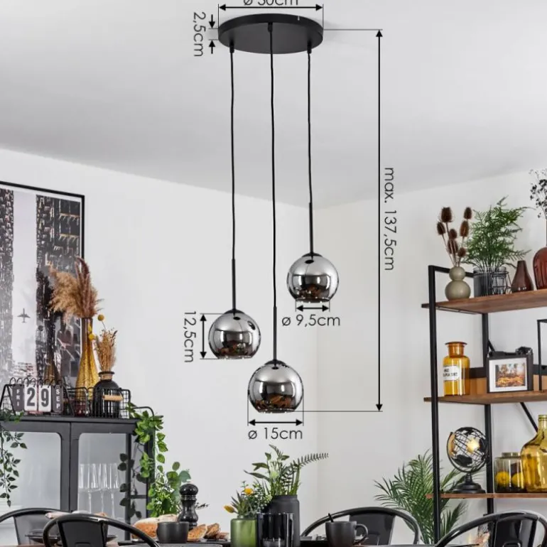 Suspension Verre 15 cm Koyoto Chrome, Fumé, 3 lumières