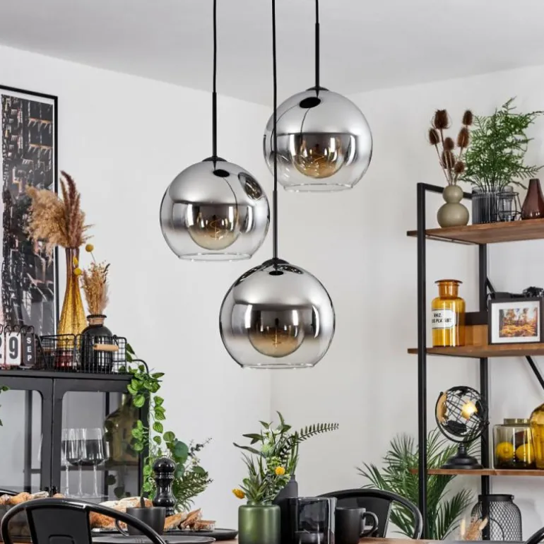 Suspension Verre 25 cm Koyoto Chrome, Clair, Fumé, 3 lumières