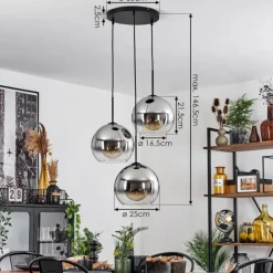Suspension Verre 25 cm Koyoto Chrome, Clair, Fumé, 3 lumières
