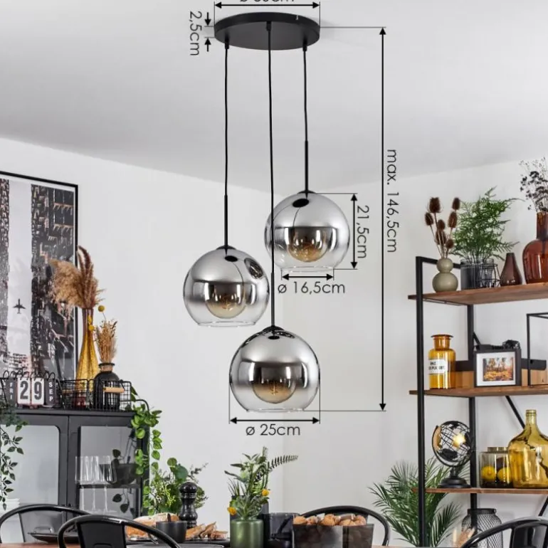 Suspension Verre 25 cm Koyoto Chrome, Clair, Fumé, 3 lumières