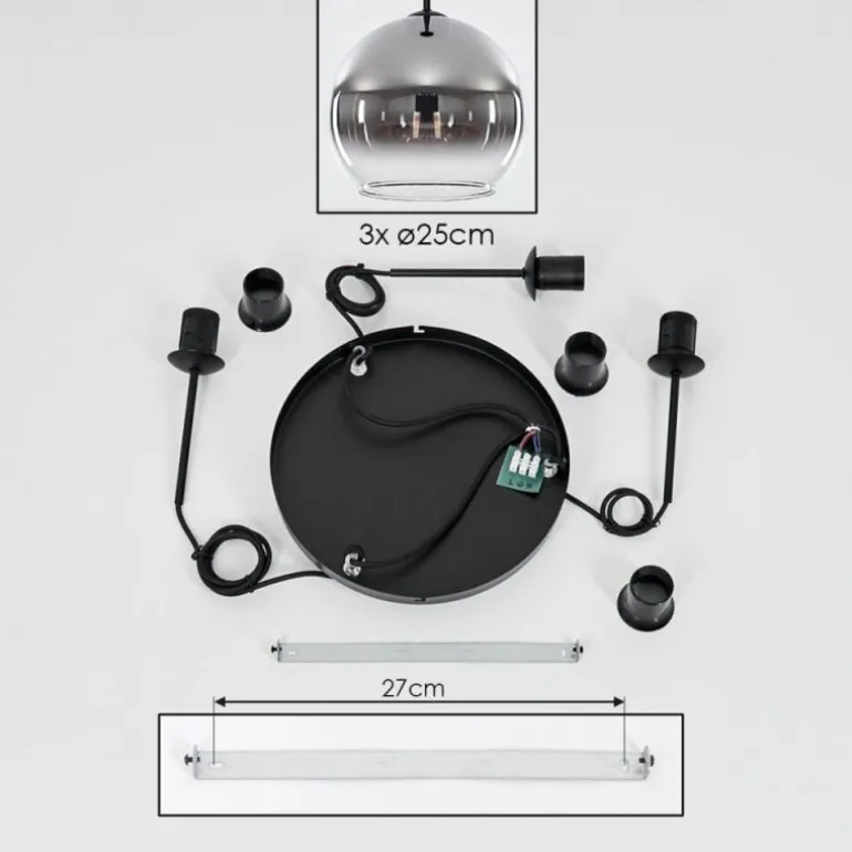 Suspension Verre 25 cm Koyoto Chrome, Clair, Fumé, 3 lumières