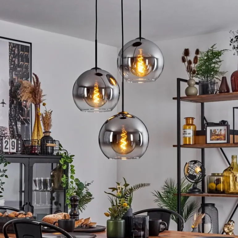 Suspension Verre 25 cm Koyoto Chrome, Clair, Fumé, 3 lumières