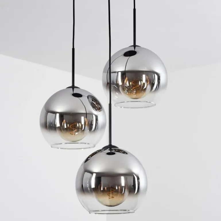 Suspension Verre 25 cm Koyoto Chrome, Clair, Fumé, 3 lumières