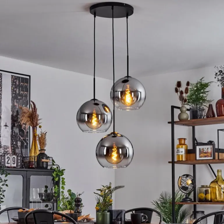 Suspension Verre 25 cm Koyoto Chrome, Clair, Fumé, 3 lumières