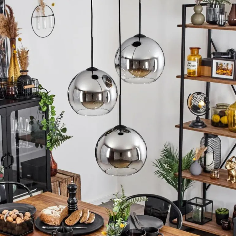 Suspension Verre 25 cm Koyoto Chrome, Clair, Fumé, 3 lumières