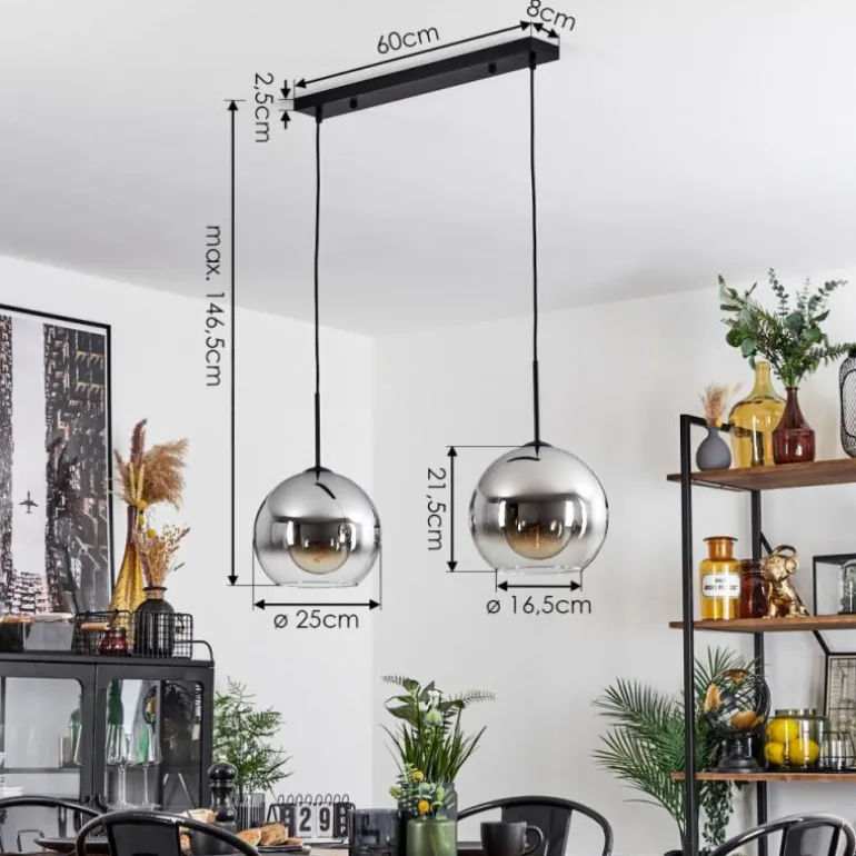 Suspension Verre 25 cm Koyoto Chrome, Clair, Fumé, 2 lumières