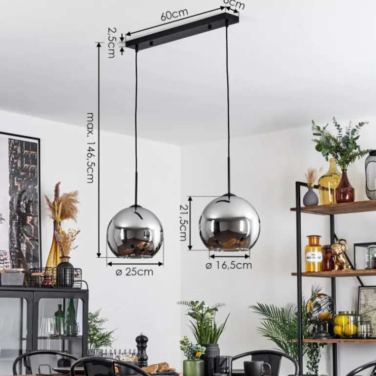 Suspension Verre 25 cm Koyoto Chrome, Fumé, 2 lumières