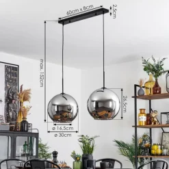 Suspension Verre 30 cm Koyoto Chrome, Fumé, 2 lumières