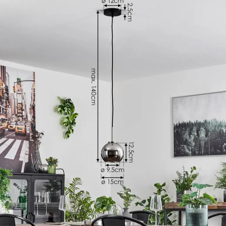 Suspension Verre 15 cm Koyoto Noir, Argenté, 1 lumière