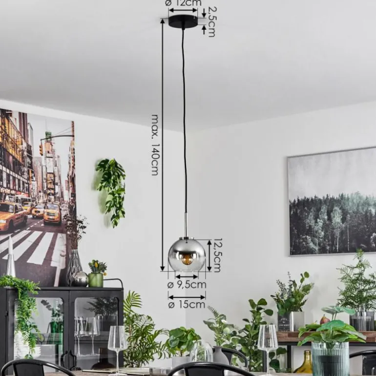 Suspension Verre 15 cm Koyoto Noir, Argenté, 1 lumière