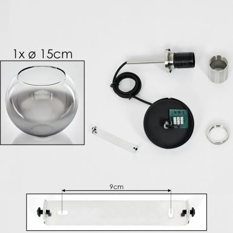 Suspension Verre 15 cm Koyoto Noir, Argenté, 1 lumière