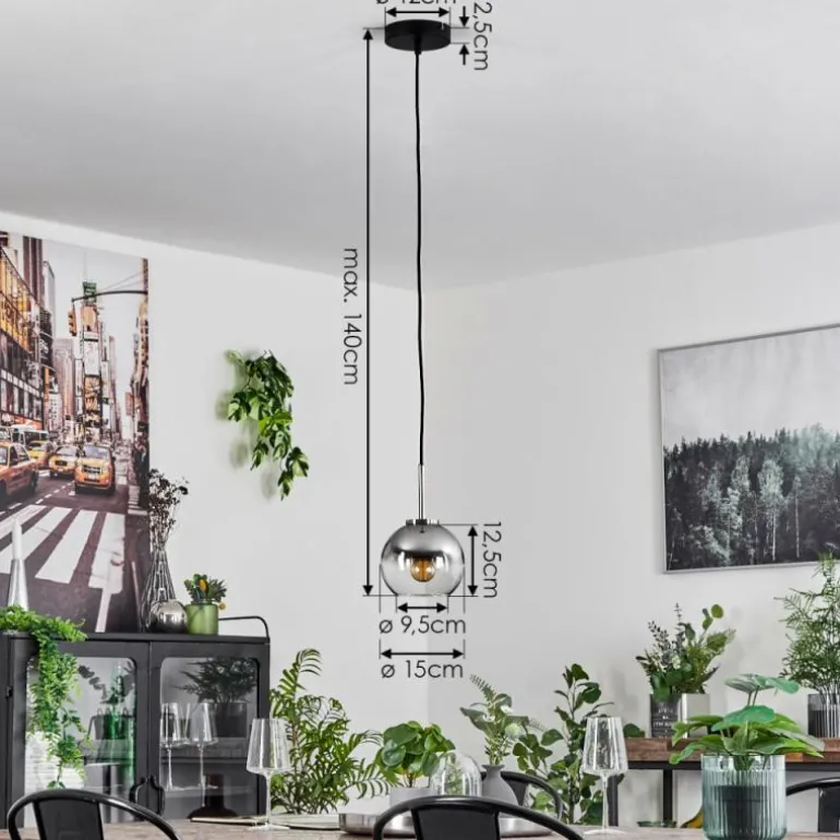 Suspension Verre 15 cm Koyoto Noir, Argenté, 1 lumière