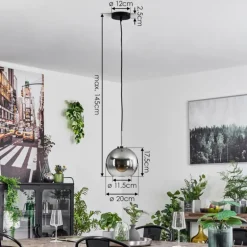 Suspension Verre 20 cm Koyoto Noir, Argenté, 1 lumière