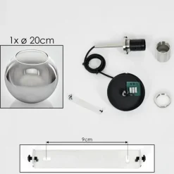 Suspension Verre 20 cm Koyoto Noir, Argenté, 1 lumière