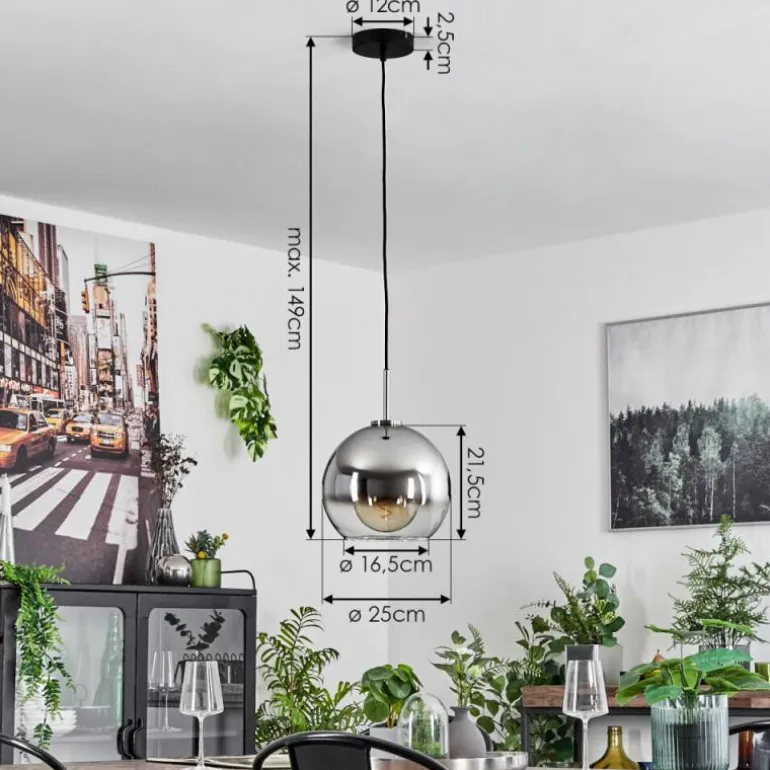 Suspension Verre 25 cm Koyoto Noir, Argenté, 1 lumière