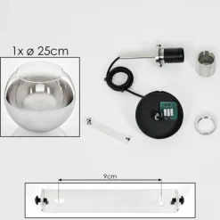 Suspension Verre 25 cm Koyoto Noir, Argenté, 1 lumière