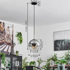 Suspension Verre 25 cm Koyoto Noir, Argenté, 1 lumière