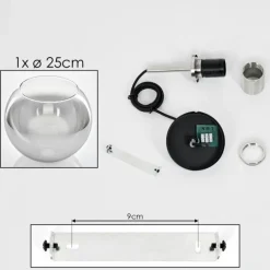 Suspension Verre 25 cm Koyoto Noir, Argenté, 1 lumière