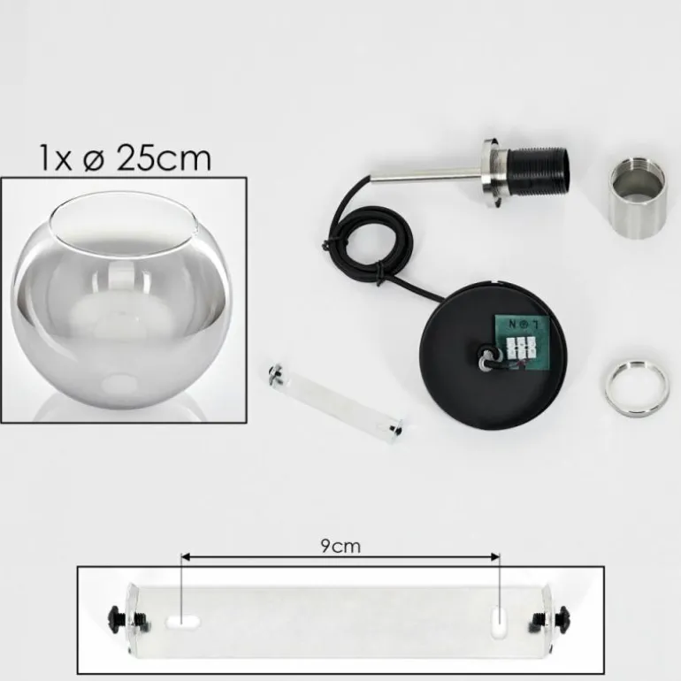 Suspension Verre 25 cm Koyoto Noir, Argenté, 1 lumière