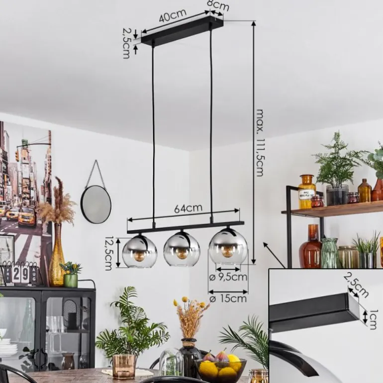 Suspension Verre 15 cm Koyoto Chrome, Clair, Fumé, 3 lumières