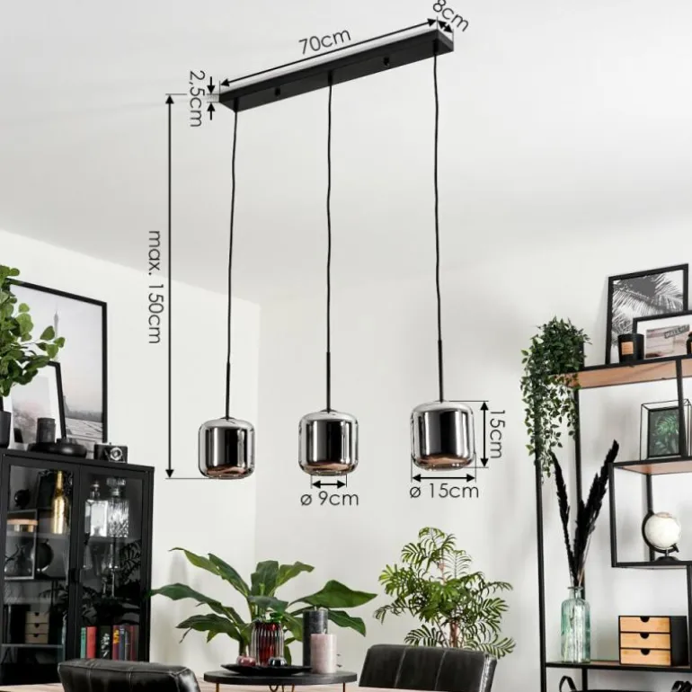 Suspension Verre 15 cm Lauden Chrome, Fumé, 3 lumières