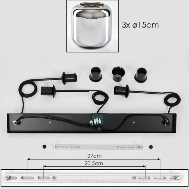Suspension Verre 15 cm Lauden Chrome, Fumé, 3 lumières