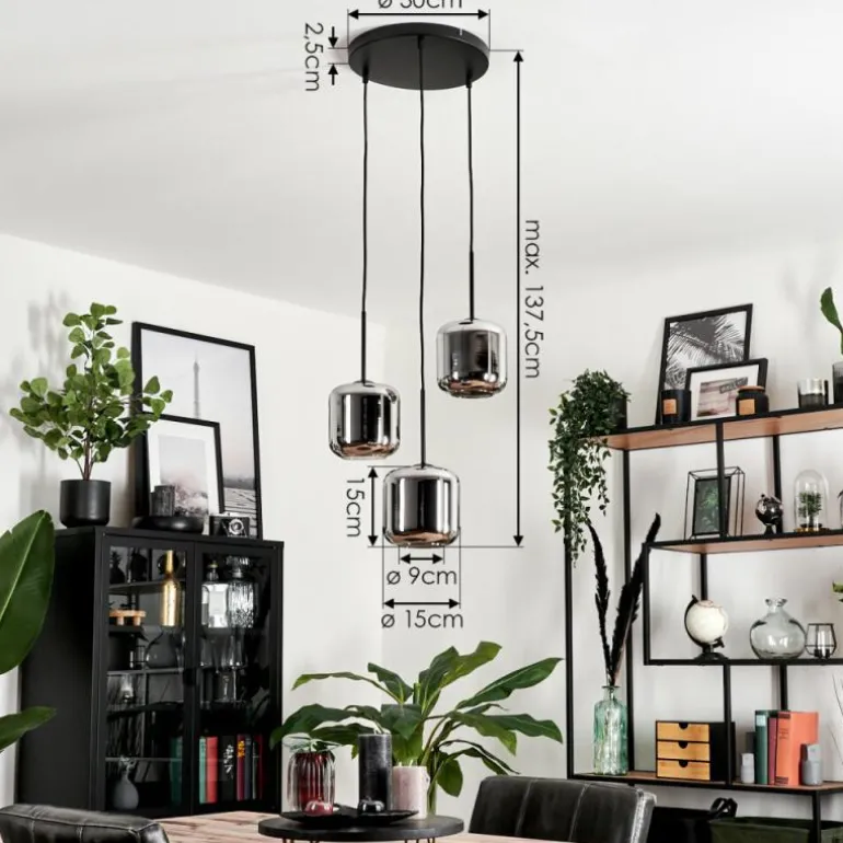 Suspension Verre 15 cm Lauden Chrome, Fumé, 3 lumières