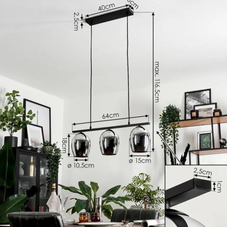 Suspension Verre 15cm Vevino Chrome, Fumé, 3 lumières