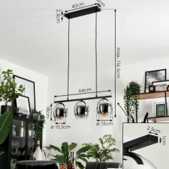 Suspension Verre 15cm Vevino Chrome, Clair, Fumé, 3 lumières