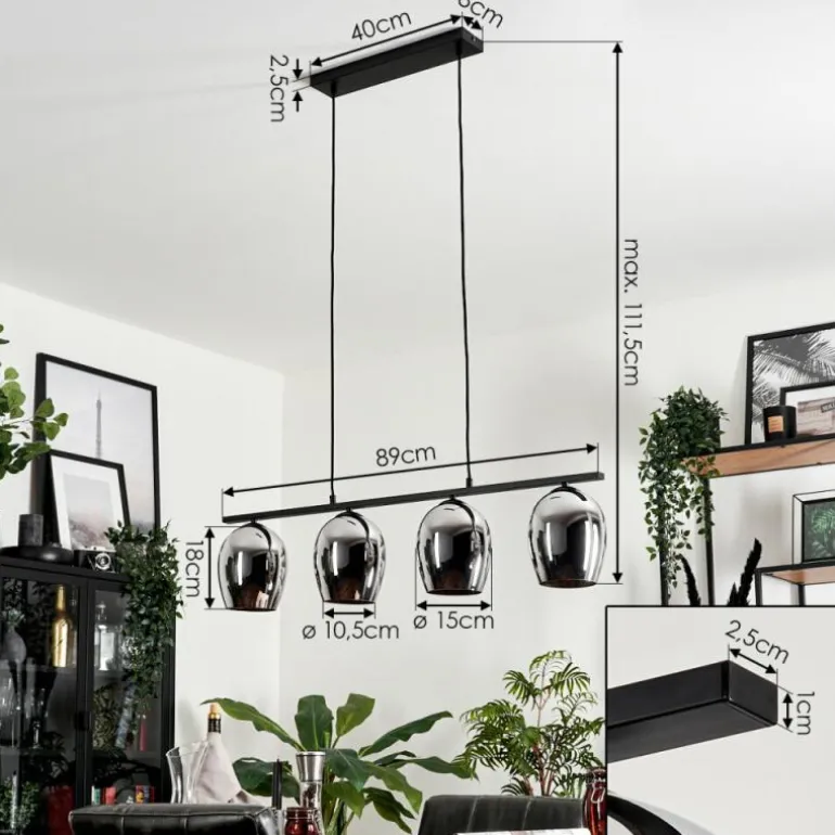 Suspension Verre 15cm Vevino Chrome, Fumé, 4 lumières