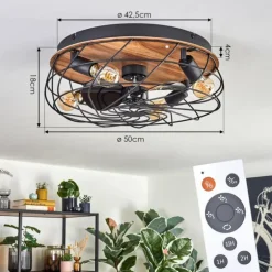 Tourais Plafonnier, Ventilateur de plafond lumineux LED Couleur bois, Noir, 4 lumières, Télécommandes