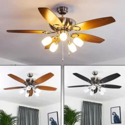 Ventilateur de plafond Irving Chrome, Gris, Bois clair, 5 lumières