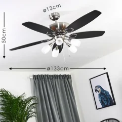 Ventilateur de plafond Irving Chrome, Gris, Bois clair, 5 lumières