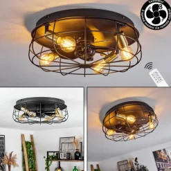 Ventilateur de plafond Moscavide Laiton, Noir, 4 lumières, Télécommandes