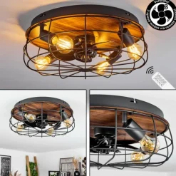 Ventilateur de plafond Moscavide Brun, Couleur bois, Noir, 4 lumières, Télécommandes