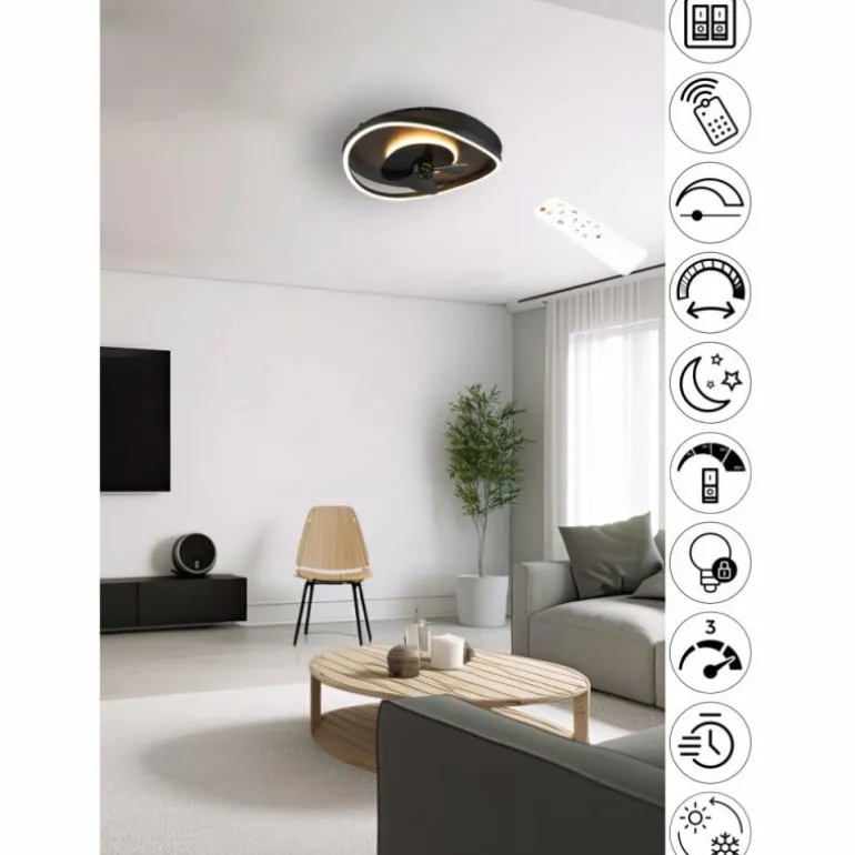 Ventilateur de plafond Reality SORTLAND LED Noir, 1 lumière, Télécommandes