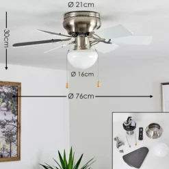 Ventilateur de plafond Trillo Gris, Nickel mat, Blanc, 1 lumière