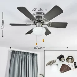Ventilateur de plafond Trillo Gris, Bois clair, Nickel mat, 1 lumière