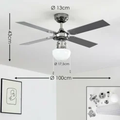 Ventilateur de plafond Valletta Chrome, Argenté, Blanc, 1 lumière