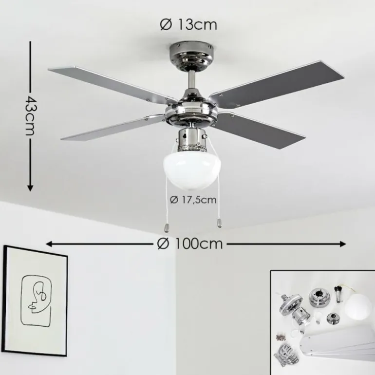 Ventilateur de plafond Valletta Chrome, Argenté, Blanc, 1 lumière