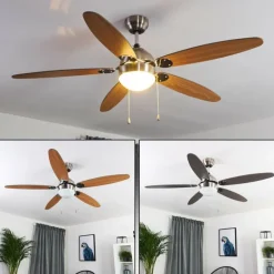 Ventilateur de plafond Valeria Chrome, Bois clair, Nickel mat, 1 lumière