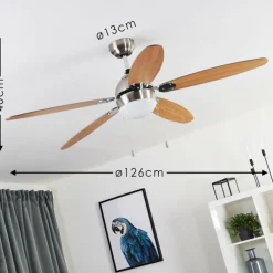 Ventilateur de plafond Valeria Chrome, Bois clair, Nickel mat, 1 lumière