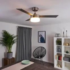 Ventilateur de plafond Vevey Bois clair, Nickel mat, Argenté, 2 lumières, Télécommandes