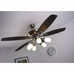 Ventilateur Globo JERRY Chrome, Acier inoxydable, Nickel mat, 5 lumières