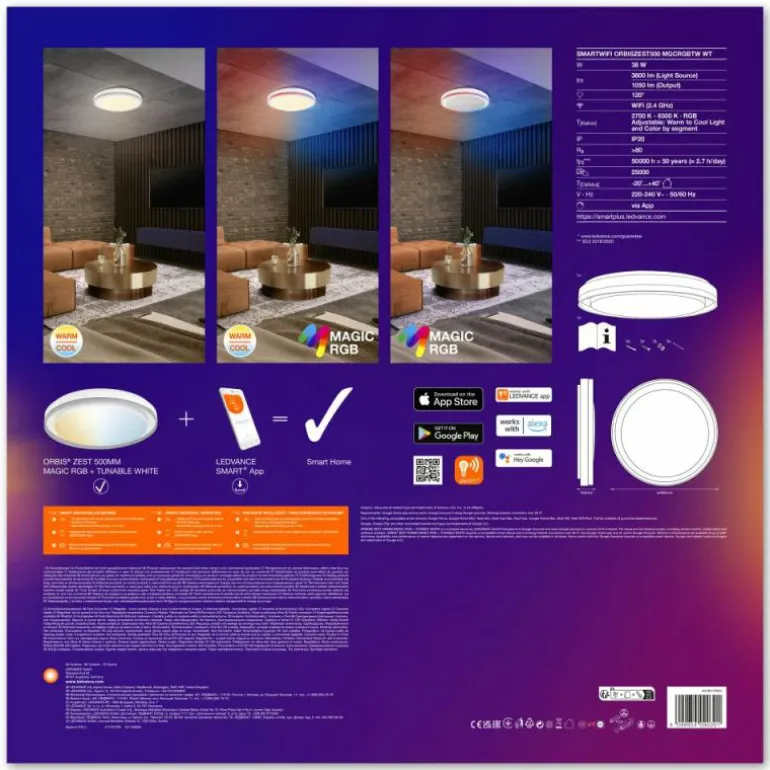 Wifi Plafonnier Luminaires Ledvance LED Blanc, 1 lumière, Changeur de couleurs